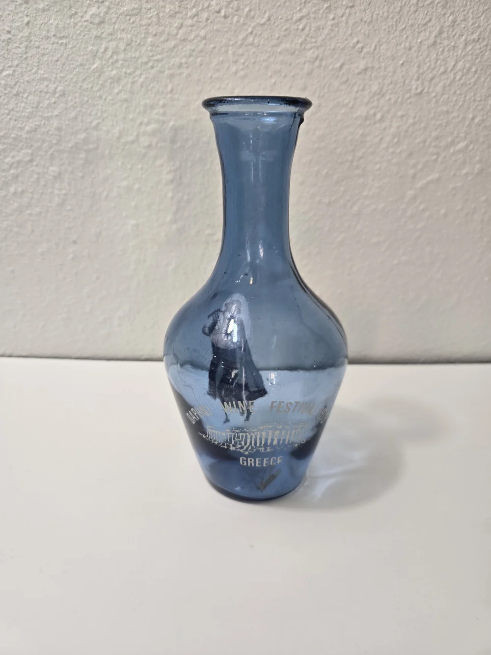 Vintage Blue Glass Decorative Bottle Vase - Greece Souvenir - 1970